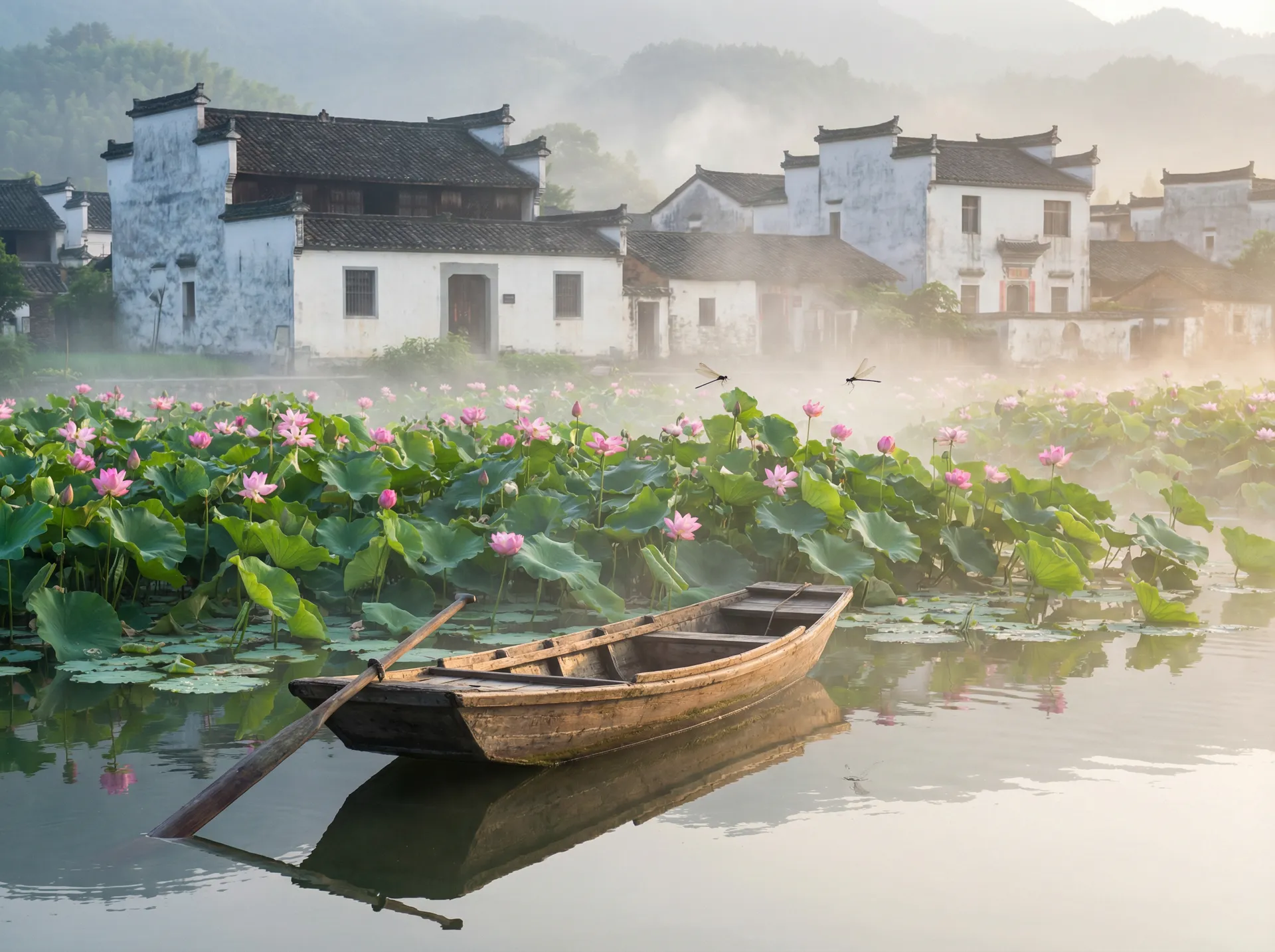 清晨荷塘小舟，粉色荷花盛开，白墙黑瓦的村庄 - 红楼春上春qvod 水乡风情